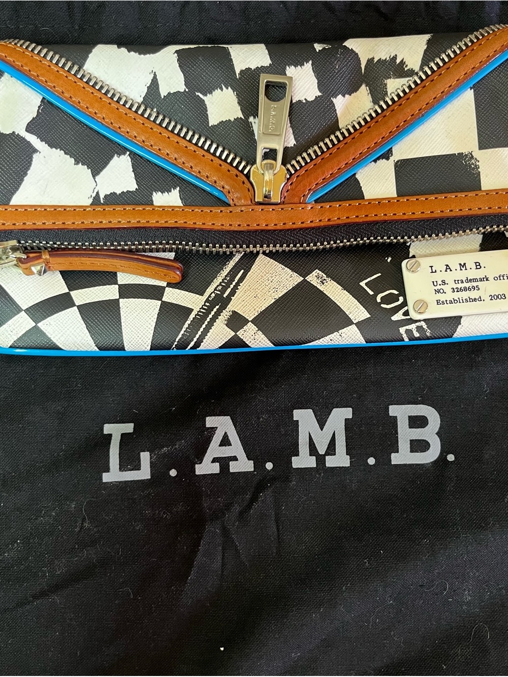 L.A.M.B. Black White Graphic Clutch with Brown Trim and Blue Piping